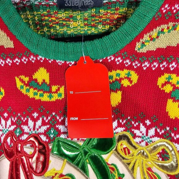 33 Degrees THREE TACOS Knit Ugly Christmas Sweater NWT Men's Size L RED Sombrero - Picture 5 of 12